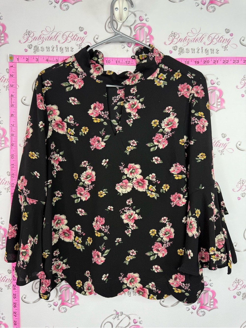 Monteau Black Floral Ruffle Neck Blouse - Pink and Yellow Flowers